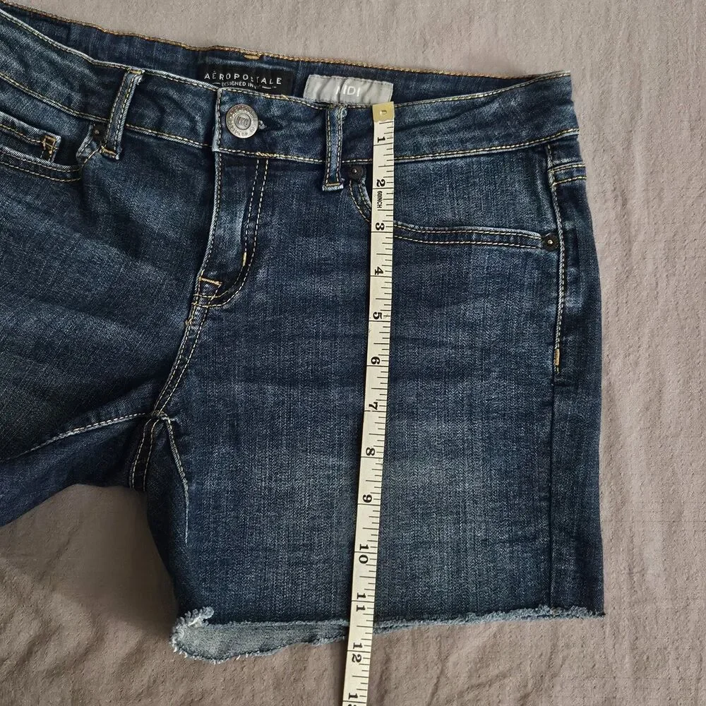 Aeropostale Womens Blue Dark Wash Midi Denim Jean Shorts Size 6 Stretch 5 pocket